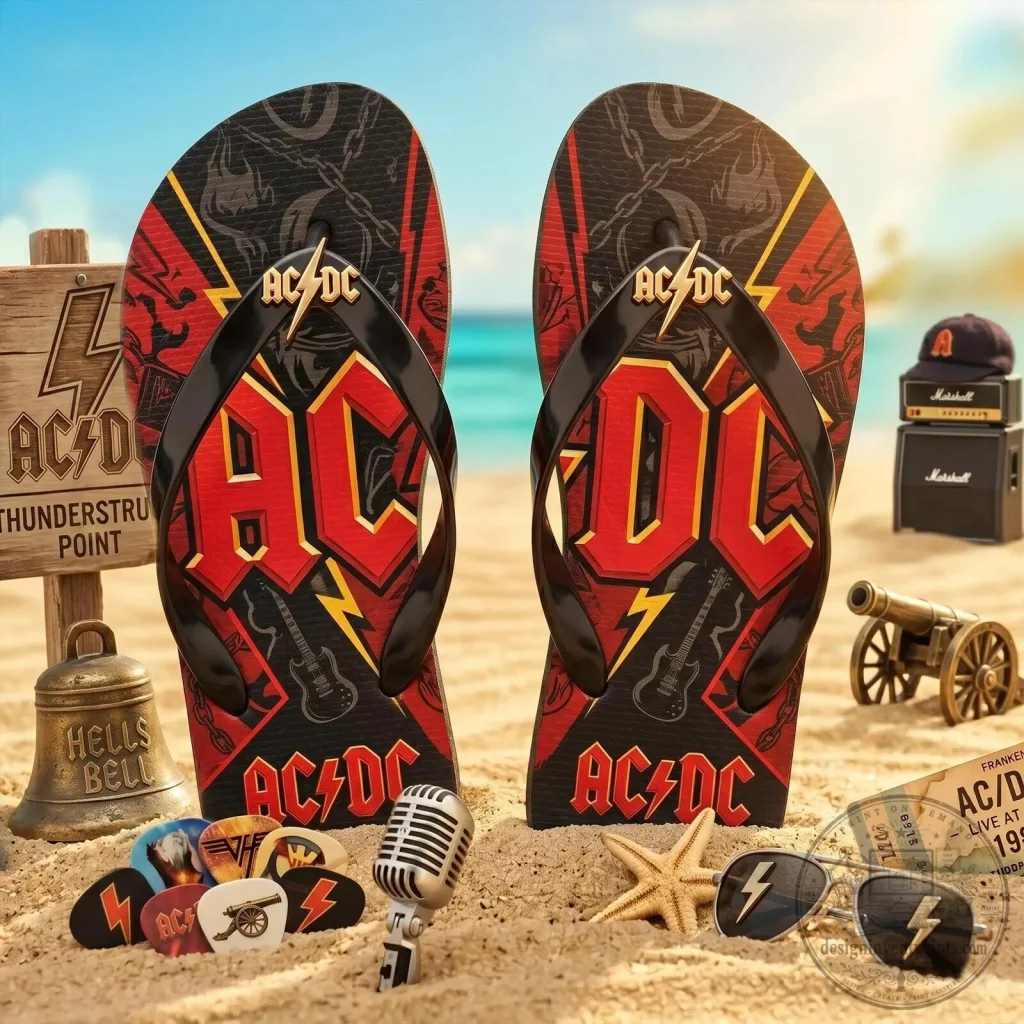 AC/DC Thunderstruck Rock Band Logo Black and Red Flip-Flops