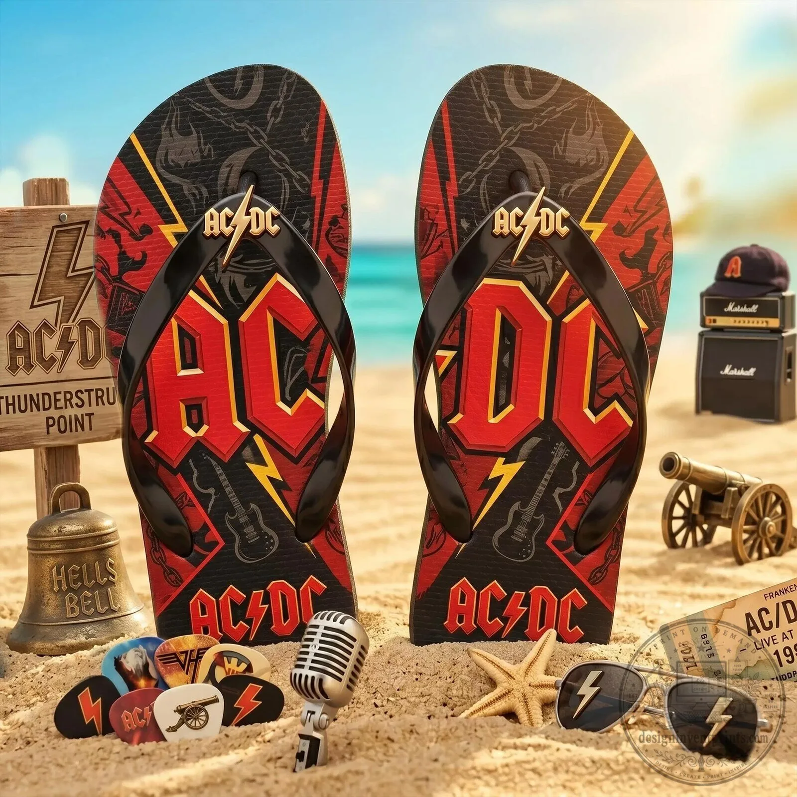 AC/DC Thunderstruck Rock Band Logo Black and Red Flip-Flops