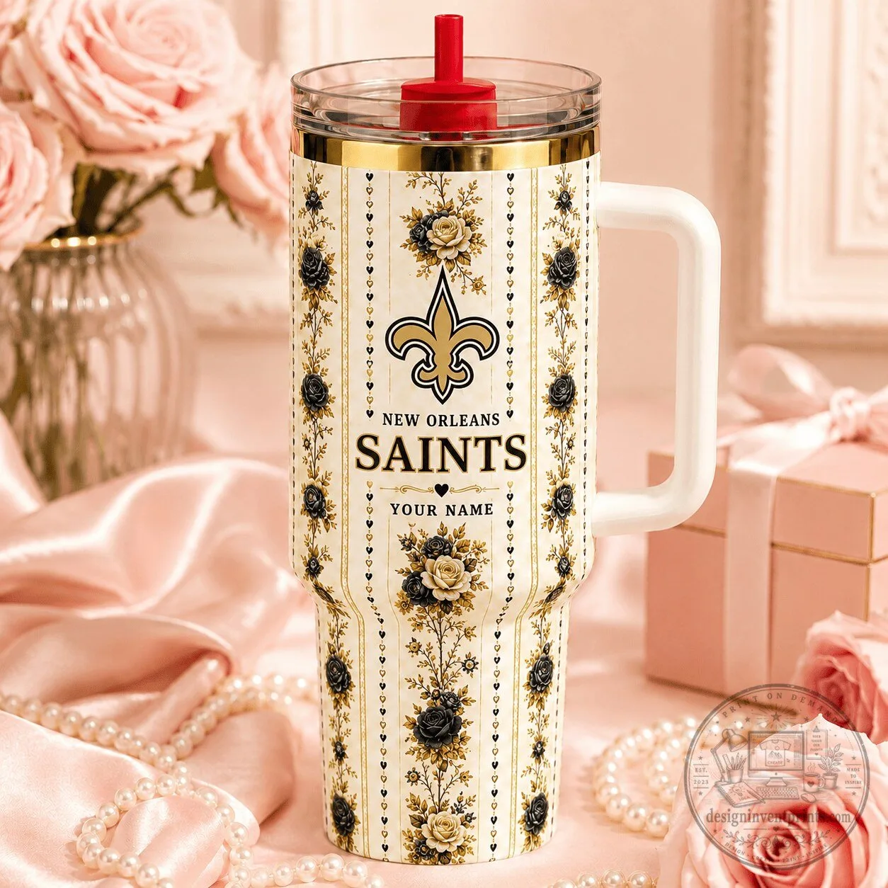 New Orleans Saints Floral Pattern Handle Straw Tumbler