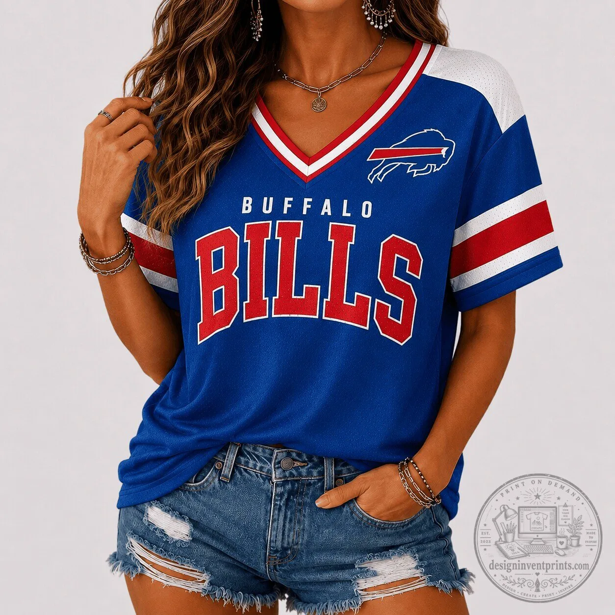 Buffalo Bills Shirt NFL Retro Varsity V-Neck Game Day T-Shirt