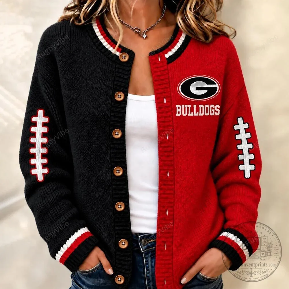 Georgia Bulldogs Football Team Logo Red and Black Knit Cardigan Sweater