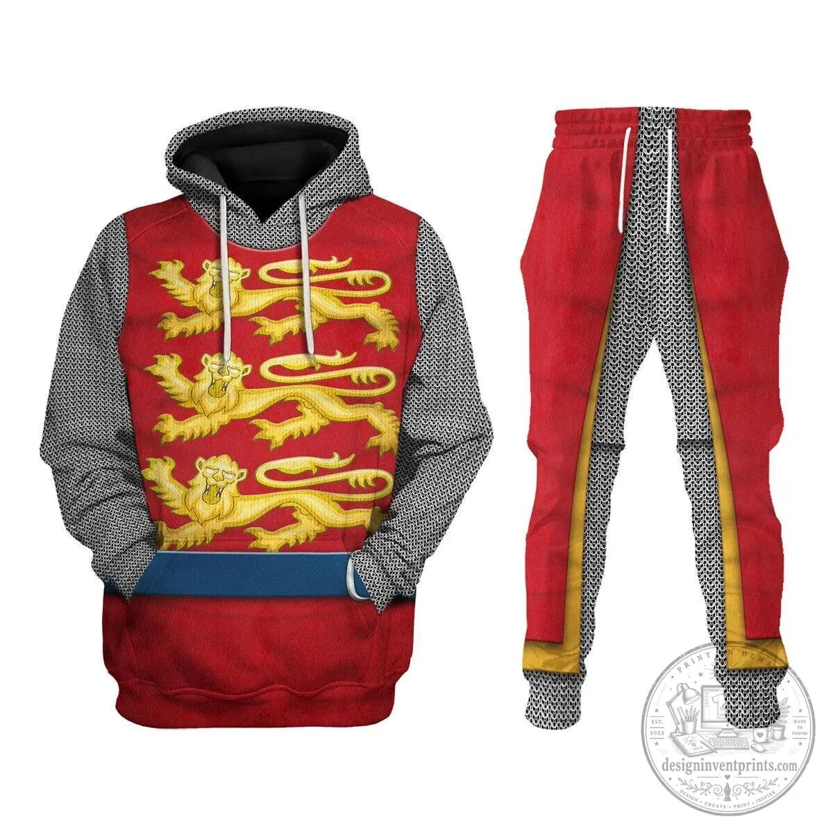 English Knights Medieval Heraldry Three Lions Royal Coat of Arms Hoodie and Pants Set