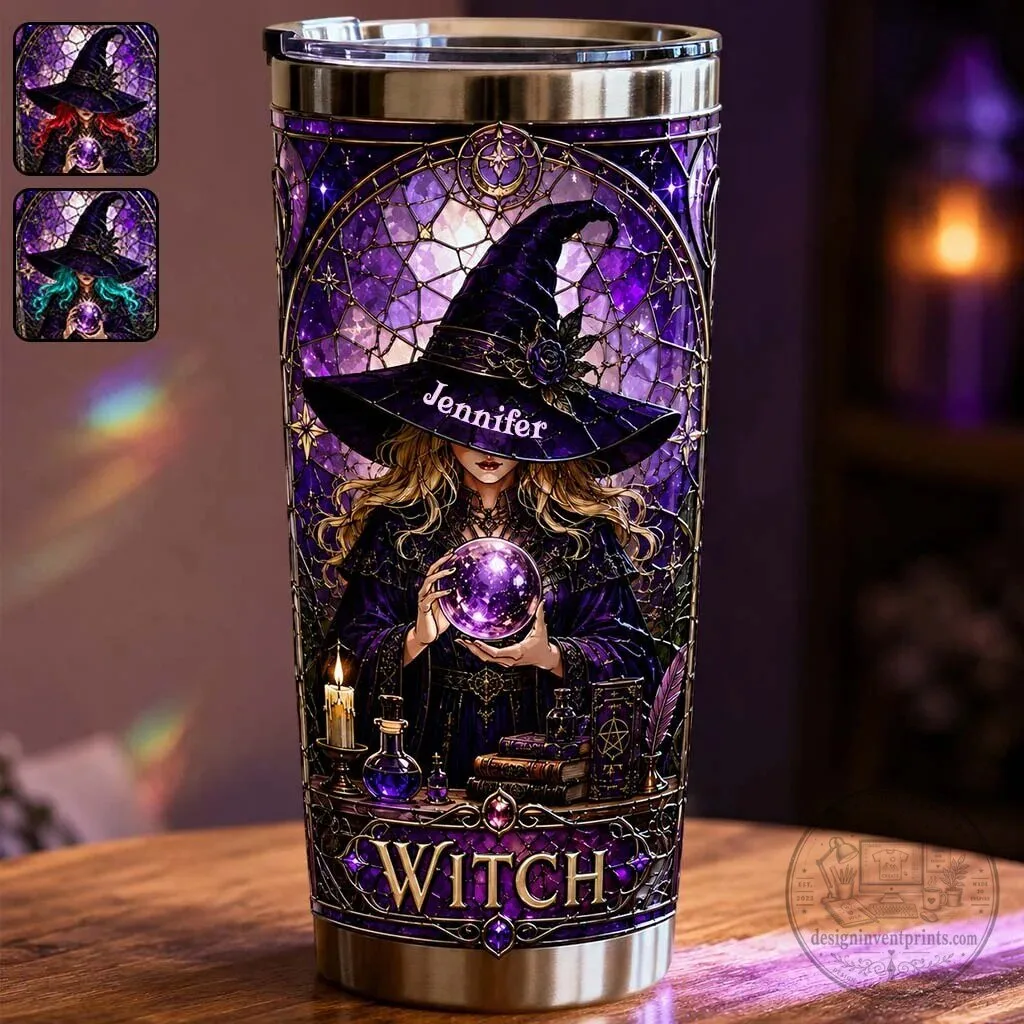Personalized Witch Crystal Ball Halloween Purple Tumbler