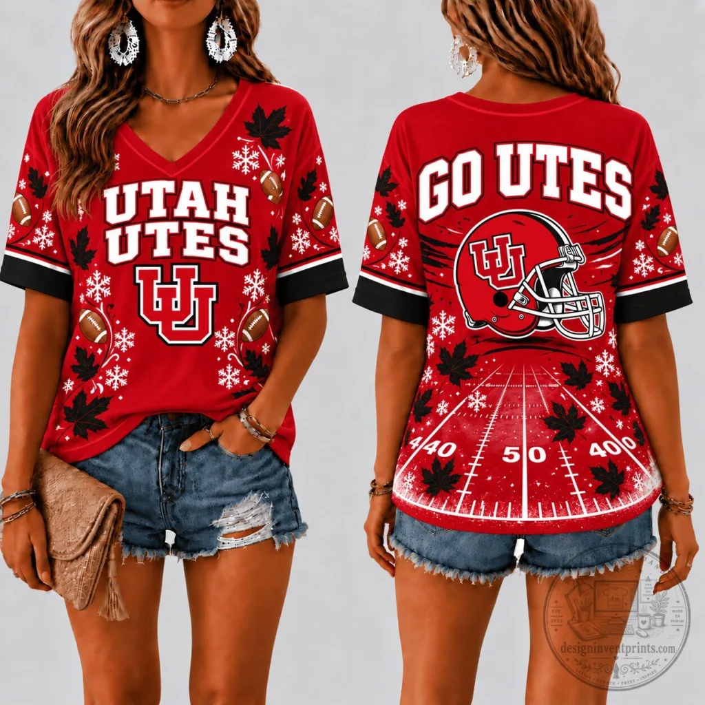 Utah Utes Football Team Fall Season V-Neck T-Shirt 34 Utah Utes Football Team Fall Season V-Neck T-Shirt