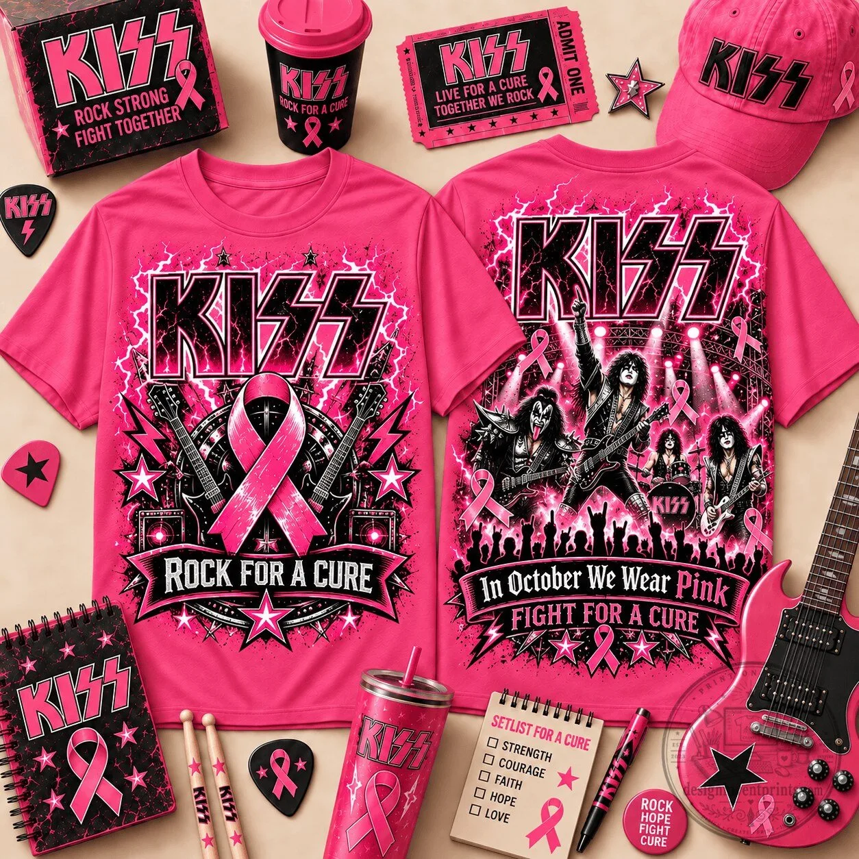 KISS Rock For A Cure Breast Cancer Awareness Pink Ribbon Graphic T-Shirt