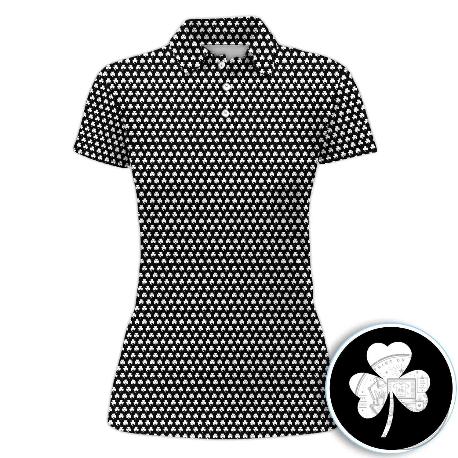 Black Clover Golf Polo Shirt, St Patrick’s Day Shamrock Pattern Women’s Apparel