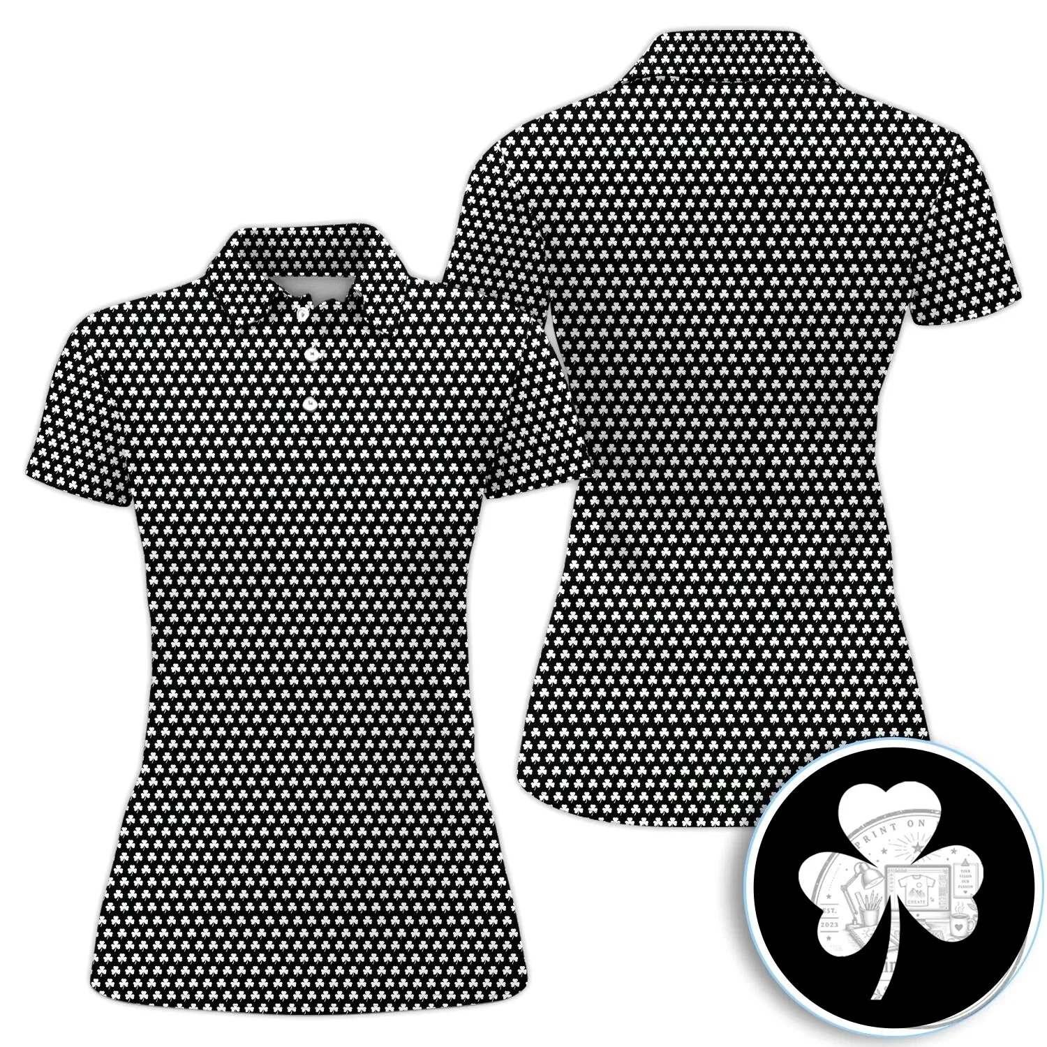 Black Clover Golf Polo Shirt, St Patrick's Day Shamrock Pattern Women's Apparel 27 Black Clover Golf Polo Shirt, St Patrick