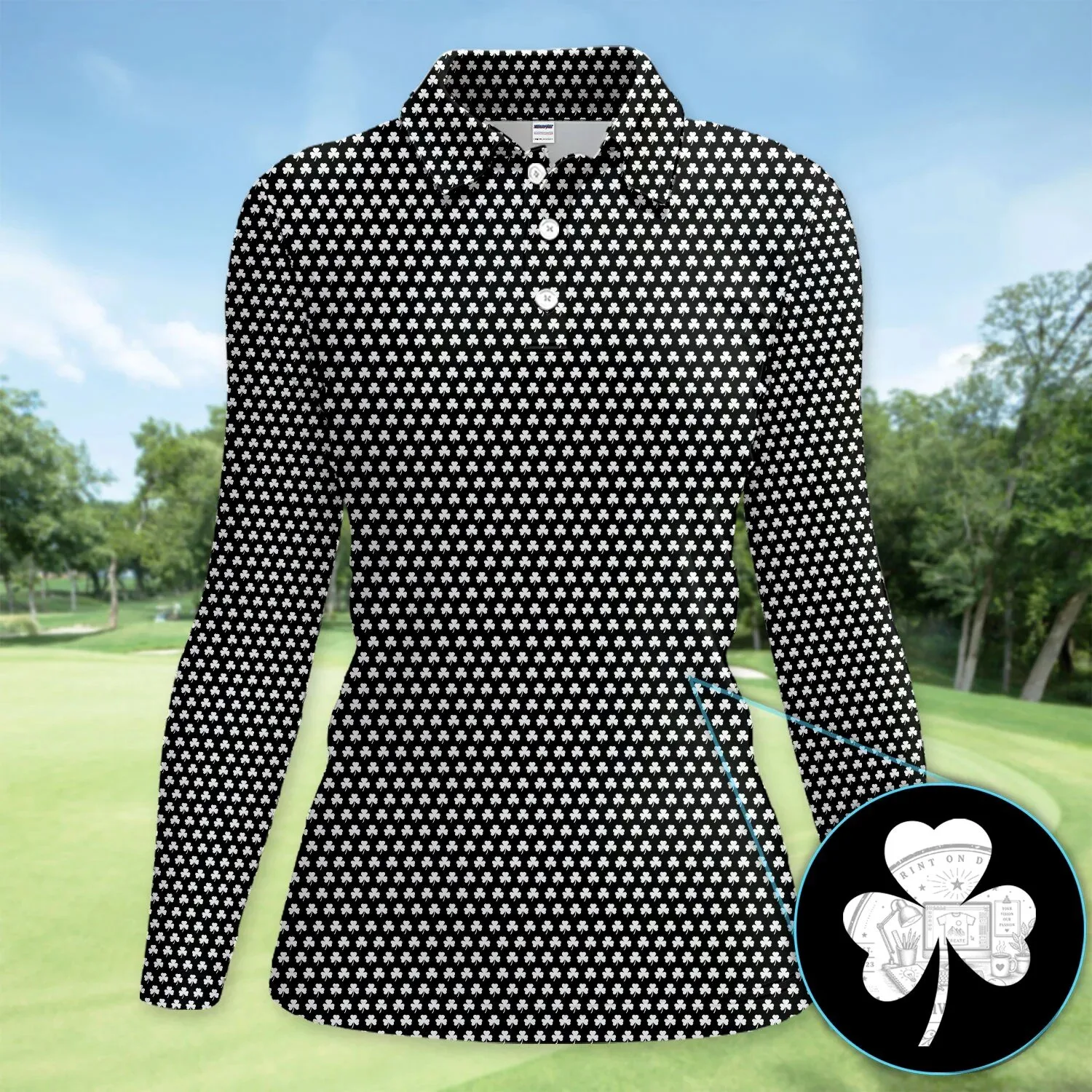 Black Clover Golf Polo Shirt, St Patrick's Day Shamrock Pattern Women's Apparel 31 Black Clover Golf Polo Shirt, St Patrick