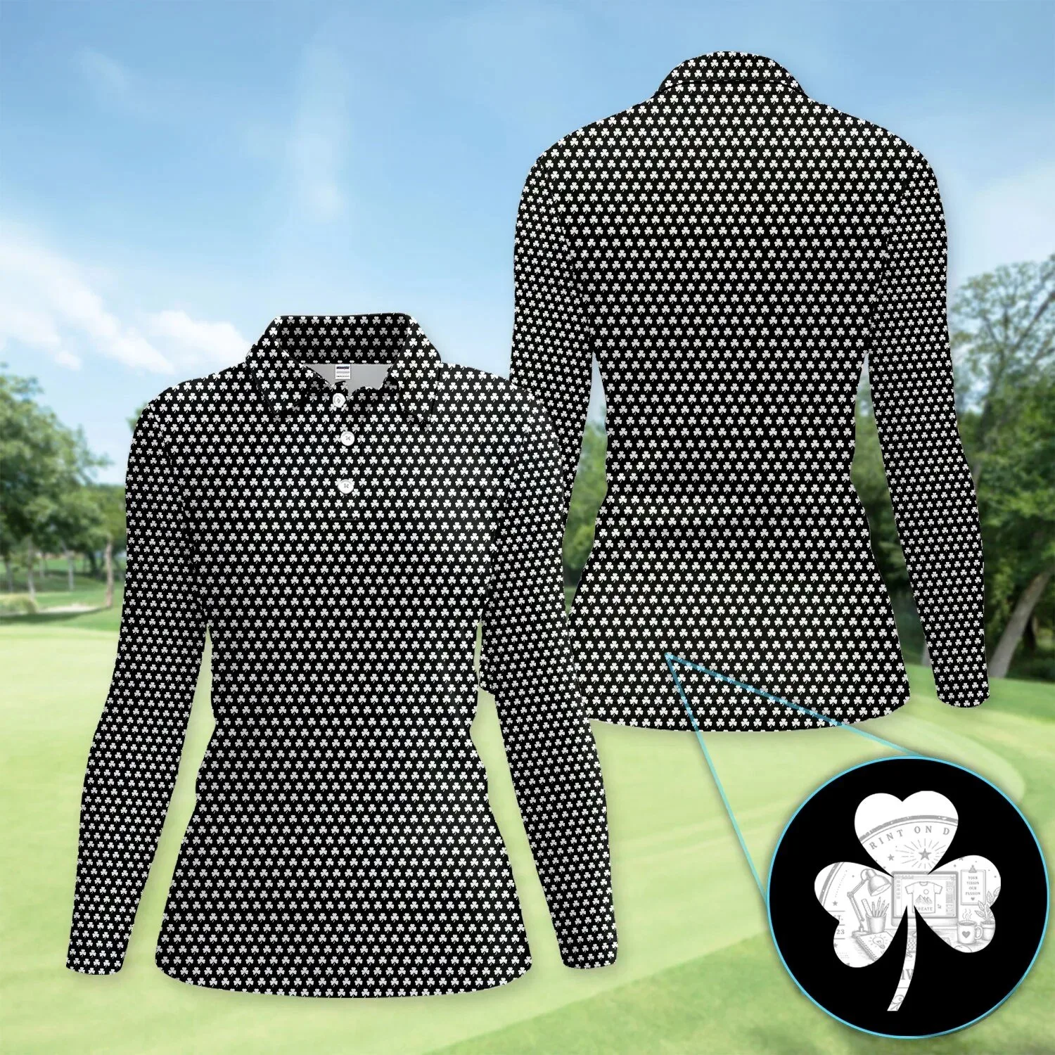 Black Clover Golf Polo Shirt, St Patrick's Day Shamrock Pattern Women's Apparel 32 Black Clover Golf Polo Shirt, St Patrick