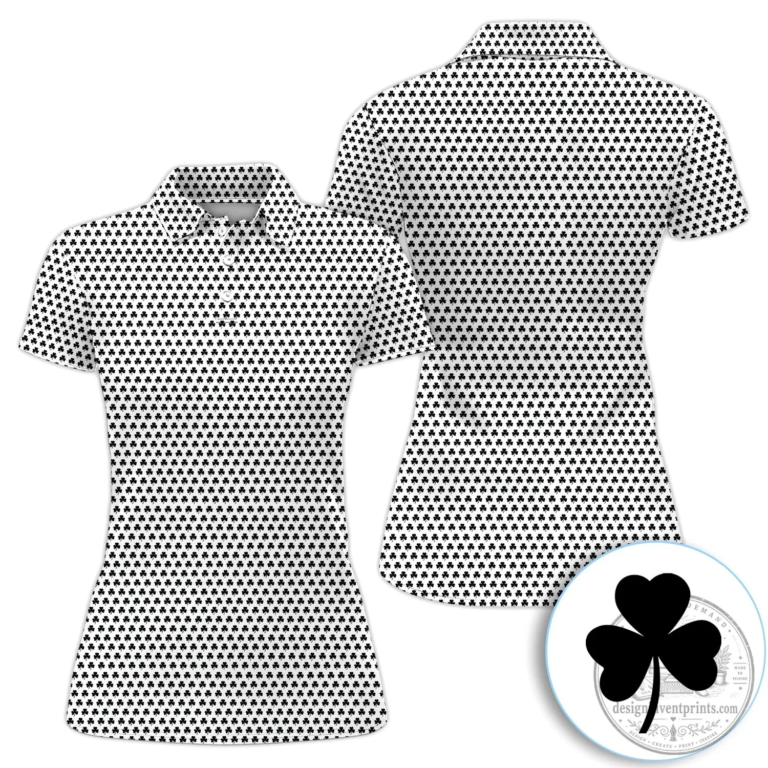 Black Clover Golf Polo Shirt, St Patrick's Day Shamrock Pattern Women's Apparel 41 Black Clover Golf Polo Shirt, St Patrick