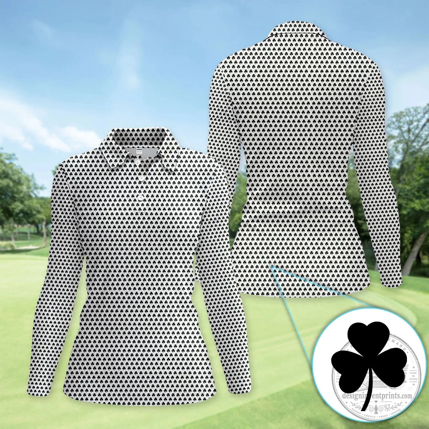 Black Clover Golf Polo Shirt, St Patrick's Day Shamrock Pattern Women's Apparel 43 Black Clover Golf Polo Shirt, St Patrick