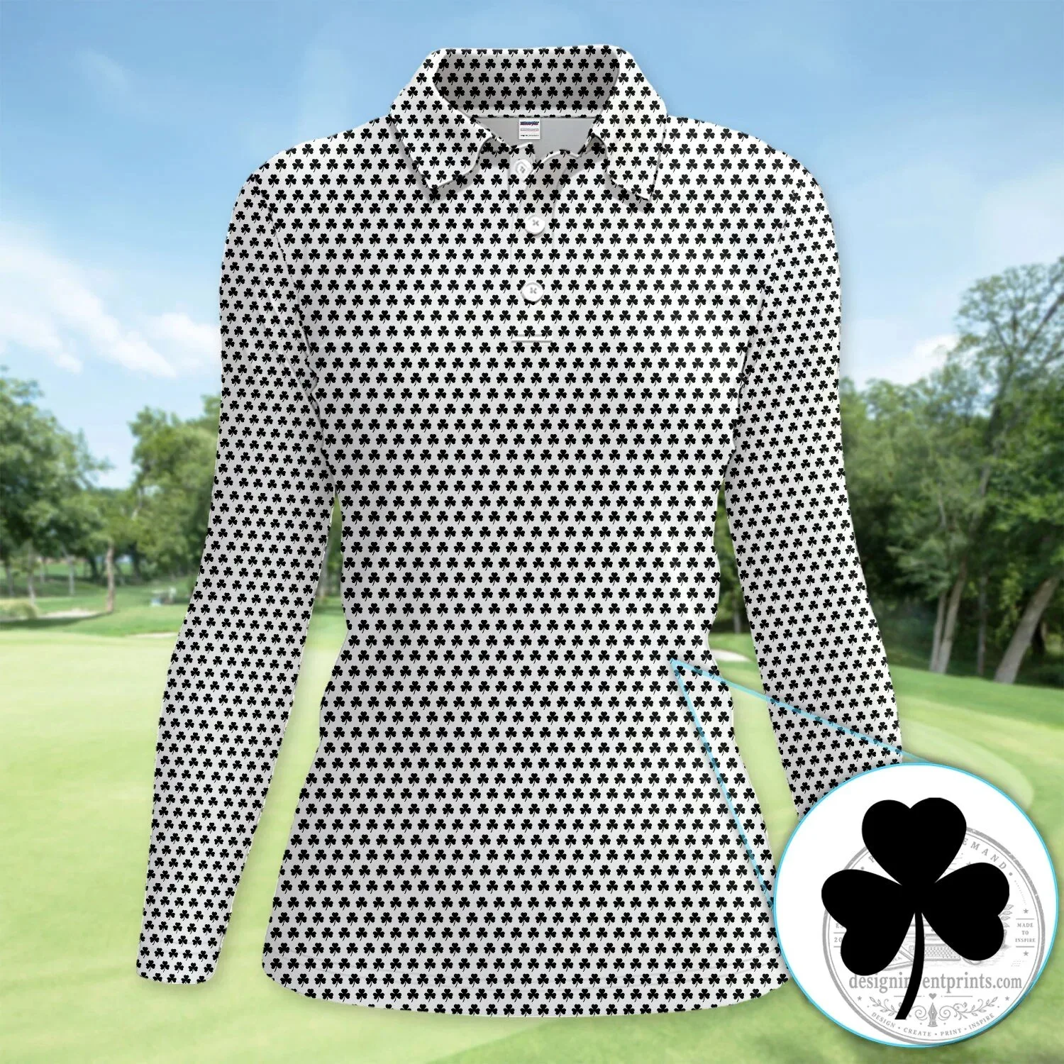 Black Clover Golf Polo Shirt, St Patrick's Day Shamrock Pattern Women's Apparel 47 Black Clover Golf Polo Shirt, St Patrick