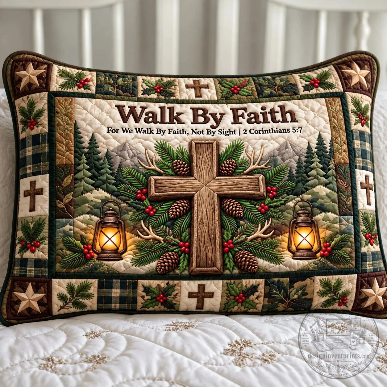 Walk By Faith Christian Quilted Pattern Pine Cone Cross Pillow