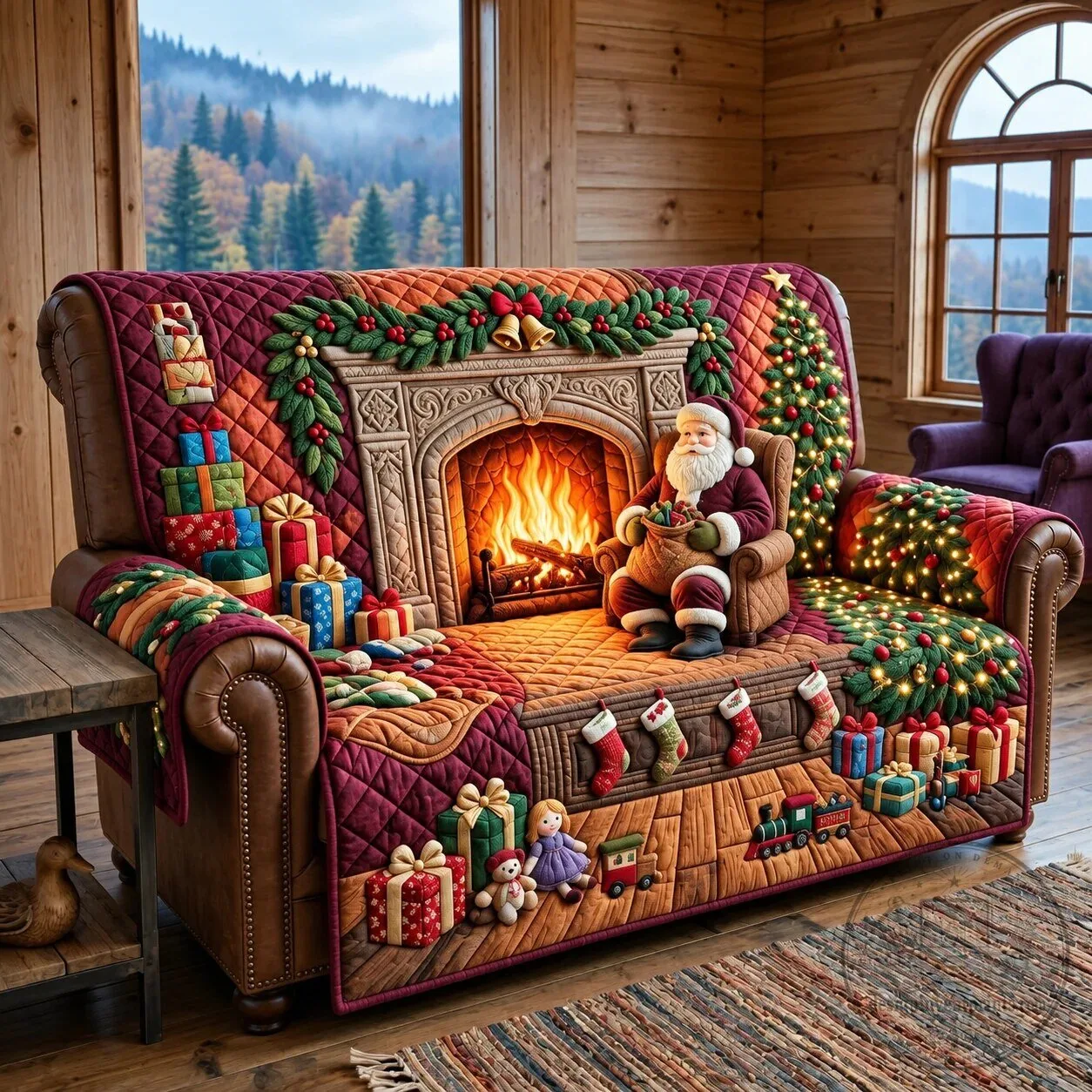Cozy Christmas Fireplace Santa Claus Quilted Sofa Slipcover