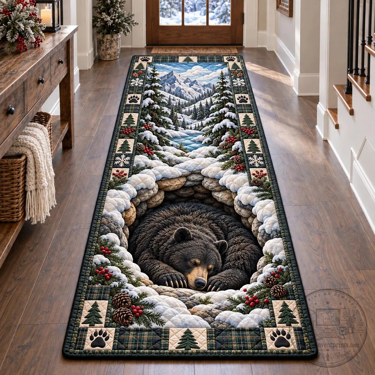 Sleeping Bear Winter Forest Snow Scene Hallway Runner Rug