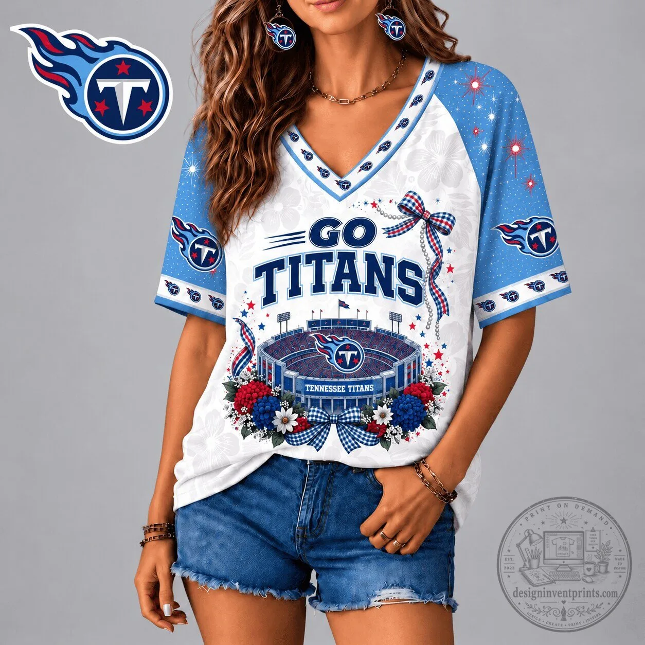 Tennessee Titans Football Team Patriotic Floral Stadium V-Neck T-Shirt