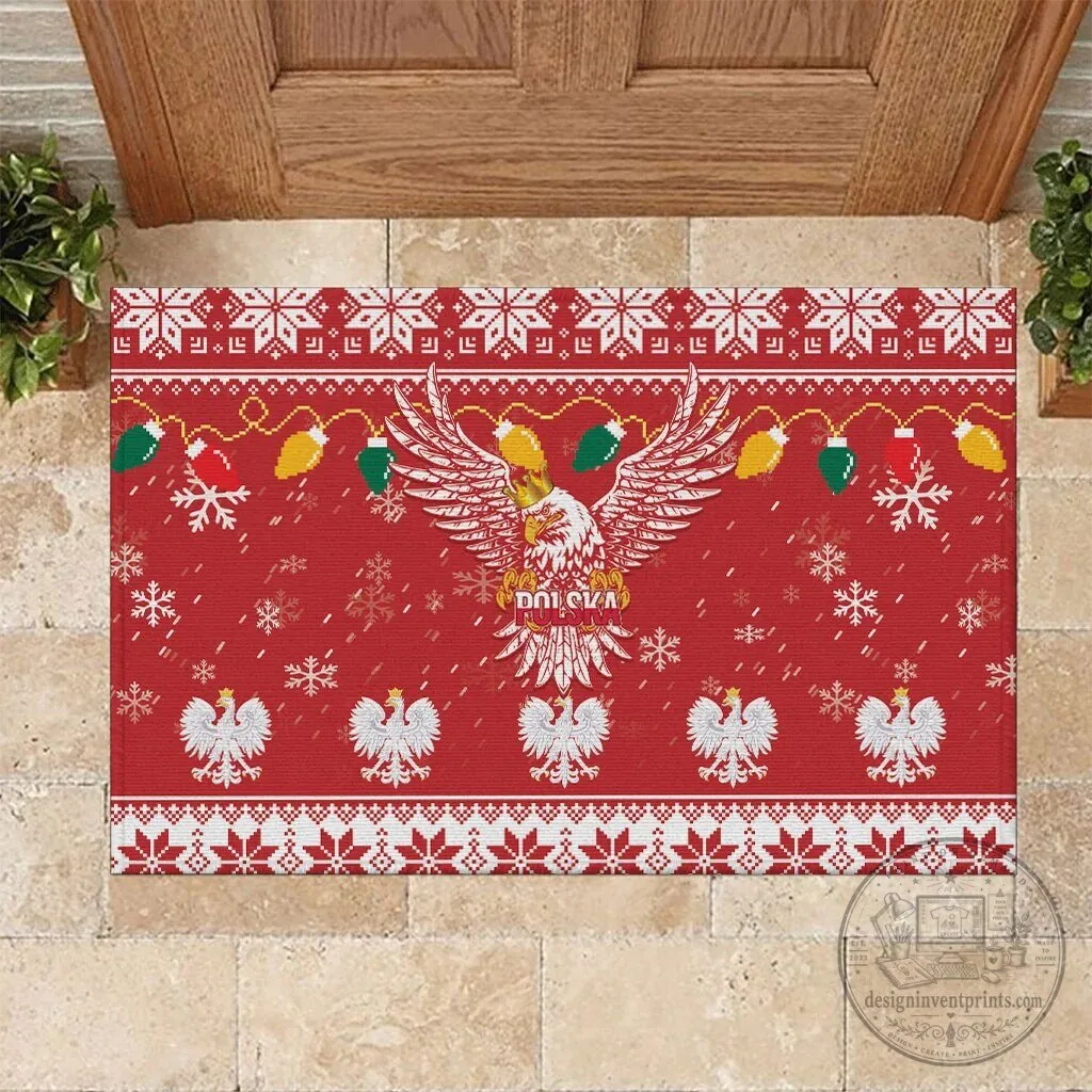 Poland Christmas White Eagle Holiday Snow Theme Rubber Doormat