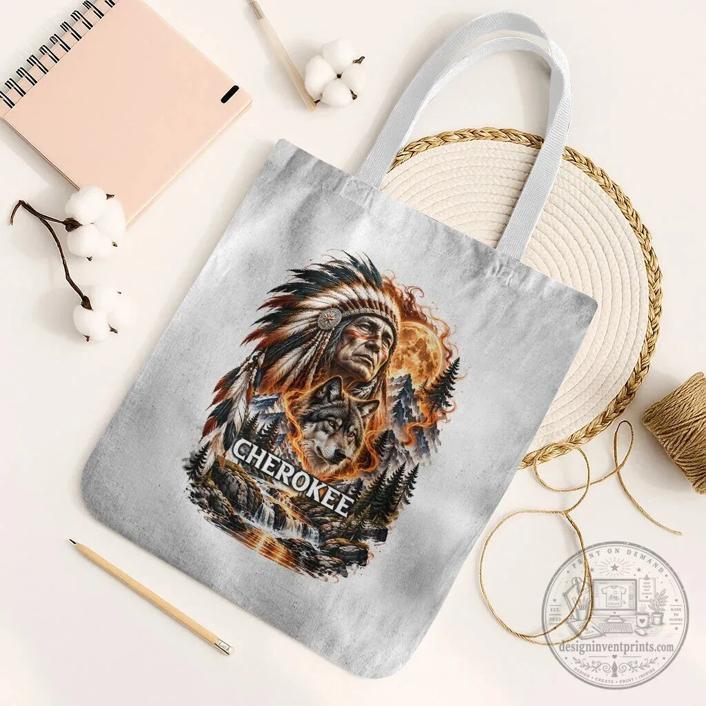 Cherokee Native American Chief Wolf Fiery Moon Landscape Tote Bag 13 Cherokee Native American Chief Wolf Fiery Moon Landscape Tote Bag