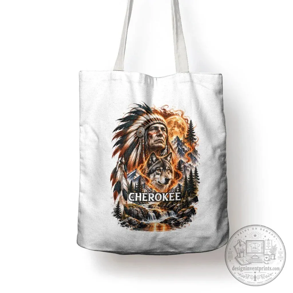 Cherokee Native American Chief Wolf Fiery Moon Landscape Tote Bag 14 Cherokee Native American Chief Wolf Fiery Moon Landscape Tote Bag