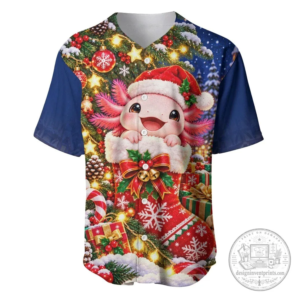 Cute Axolotl Christmas Stocking Holiday Winter Snowflakes Baseball Jersey 1 Cute Axolotl Christmas Stocking Holiday Winter Snowflakes Baseball Jersey