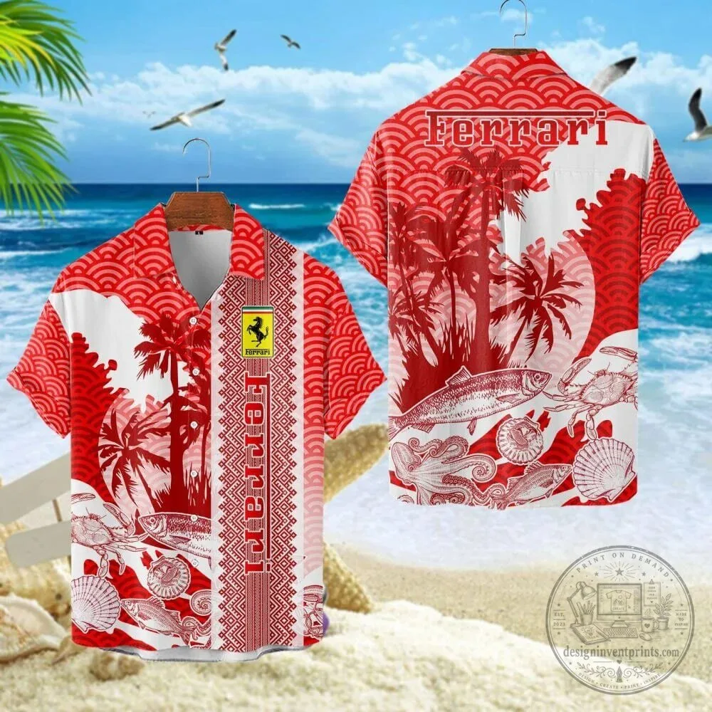 Ferrari Red Hawaiian Shirt for Men, Tropical Beach Vacation Casual Button-Up Top