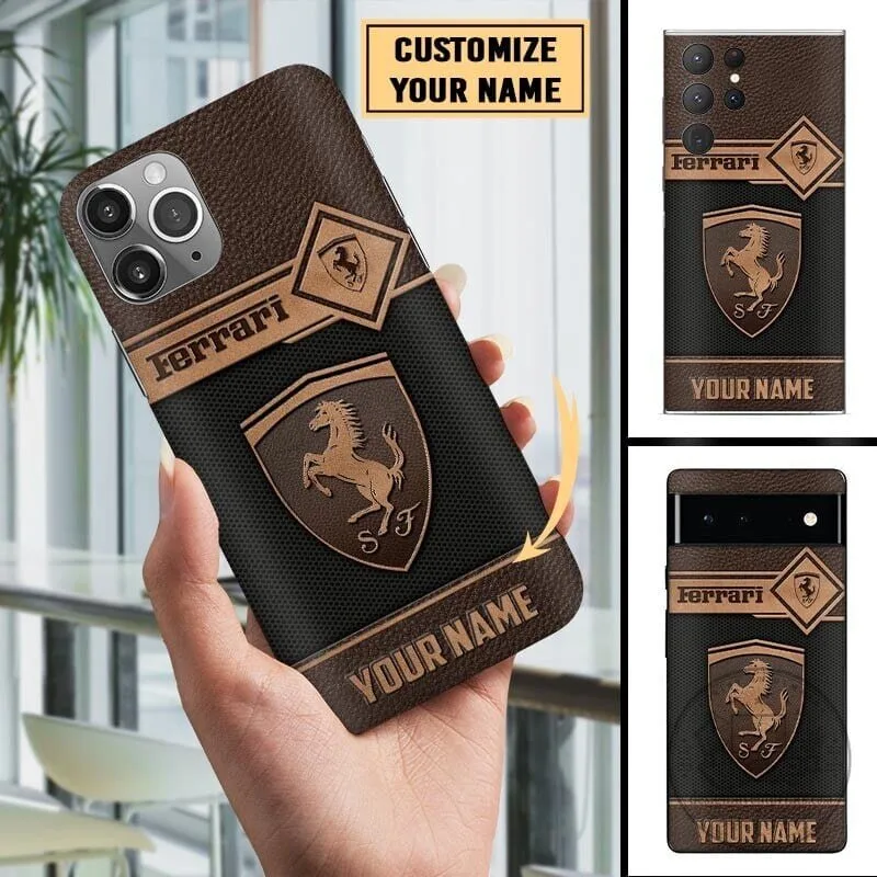 Ferrari Custom Name Luxury Leather Phone Case for All iPhone and Samsung Models