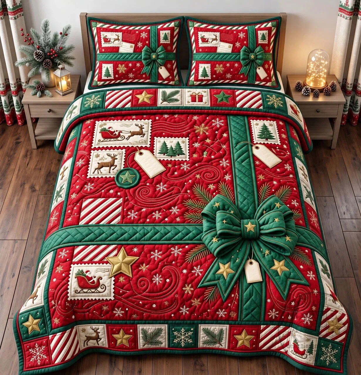 Christmas Gift Santa Claus Reindeer Holiday Quilted Bedding Set