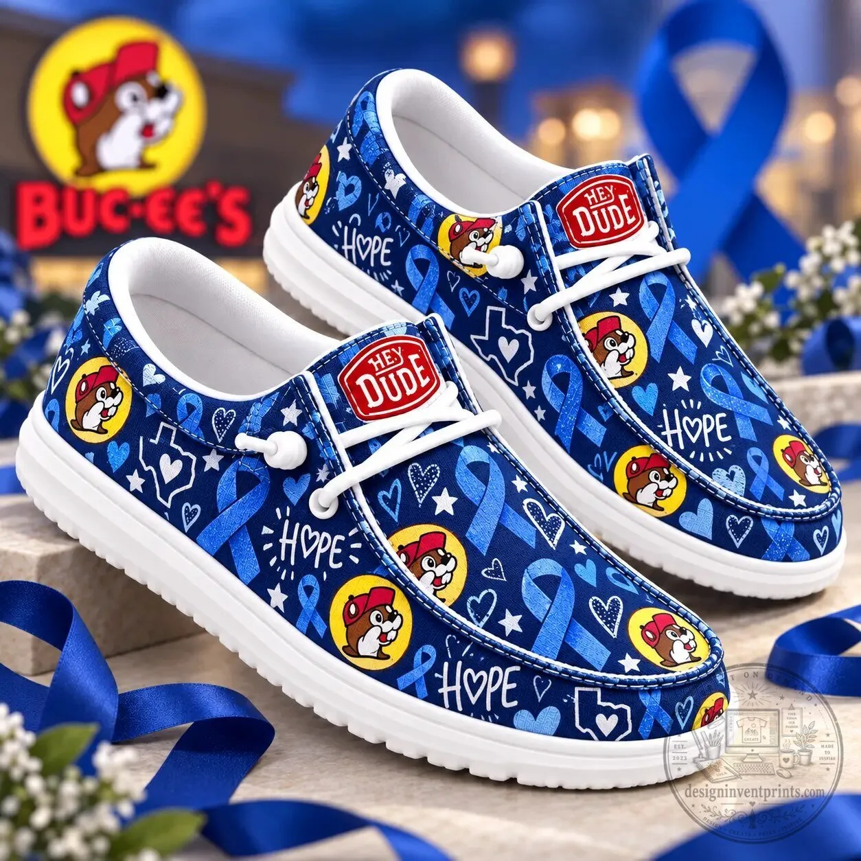 Buc-ee's Blue Hope Ribbon Pattern Casual Loafer Shoes for Women 2 Buc-ee's Blue Hope Ribbon Pattern Casual Loafer Shoes for Women