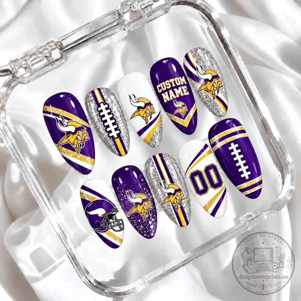 Minnesota Vikings Football Team Custom Name Glitter Press On Nails Set Minnesota Vikings Football Team Custom Name Glitter Press On Nails Set