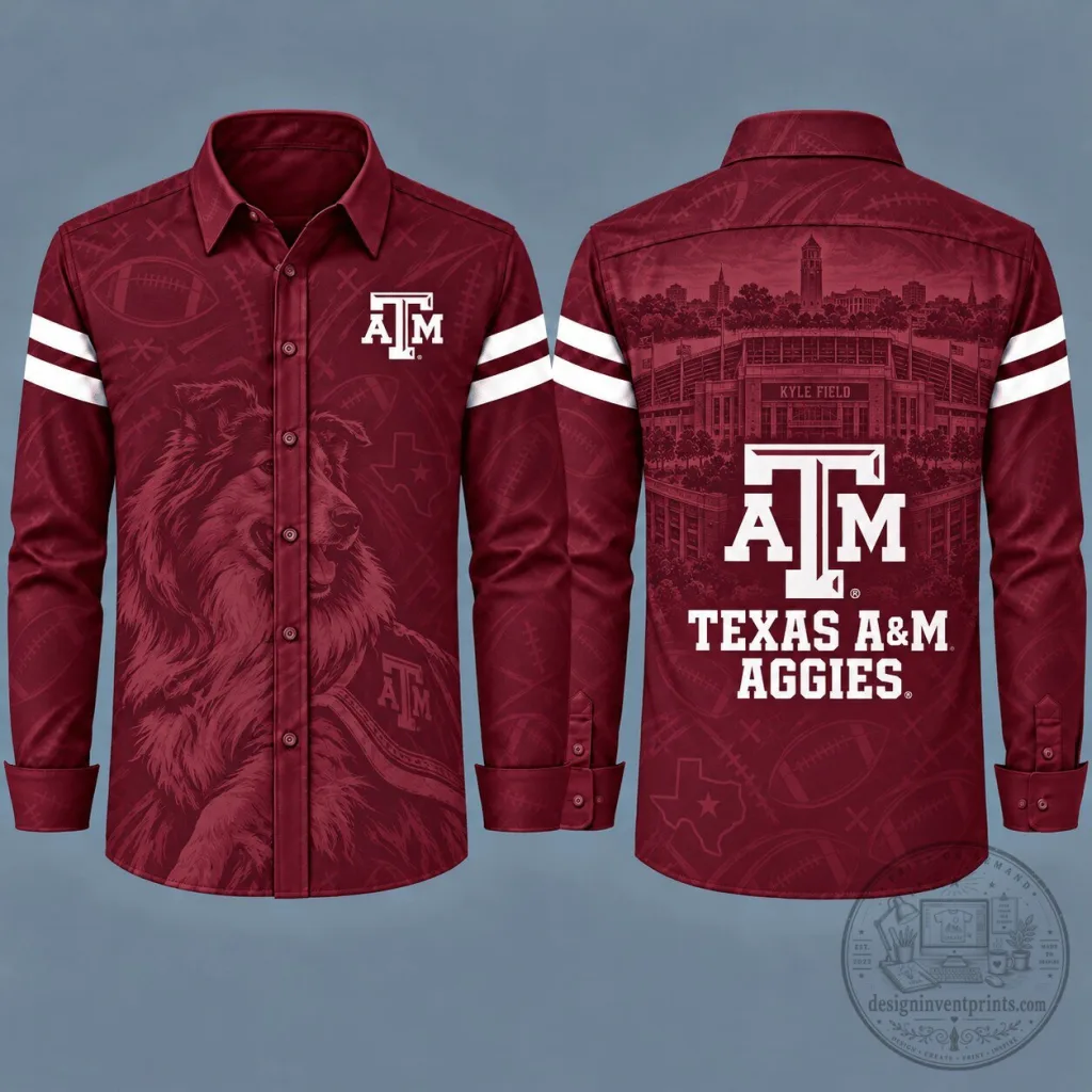 Texas A&M Aggies Maroon Football Pattern Long Sleeve Button Up Shirt Texas A&M Aggies Maroon Football Pattern Long Sleeve Button Up Shirt