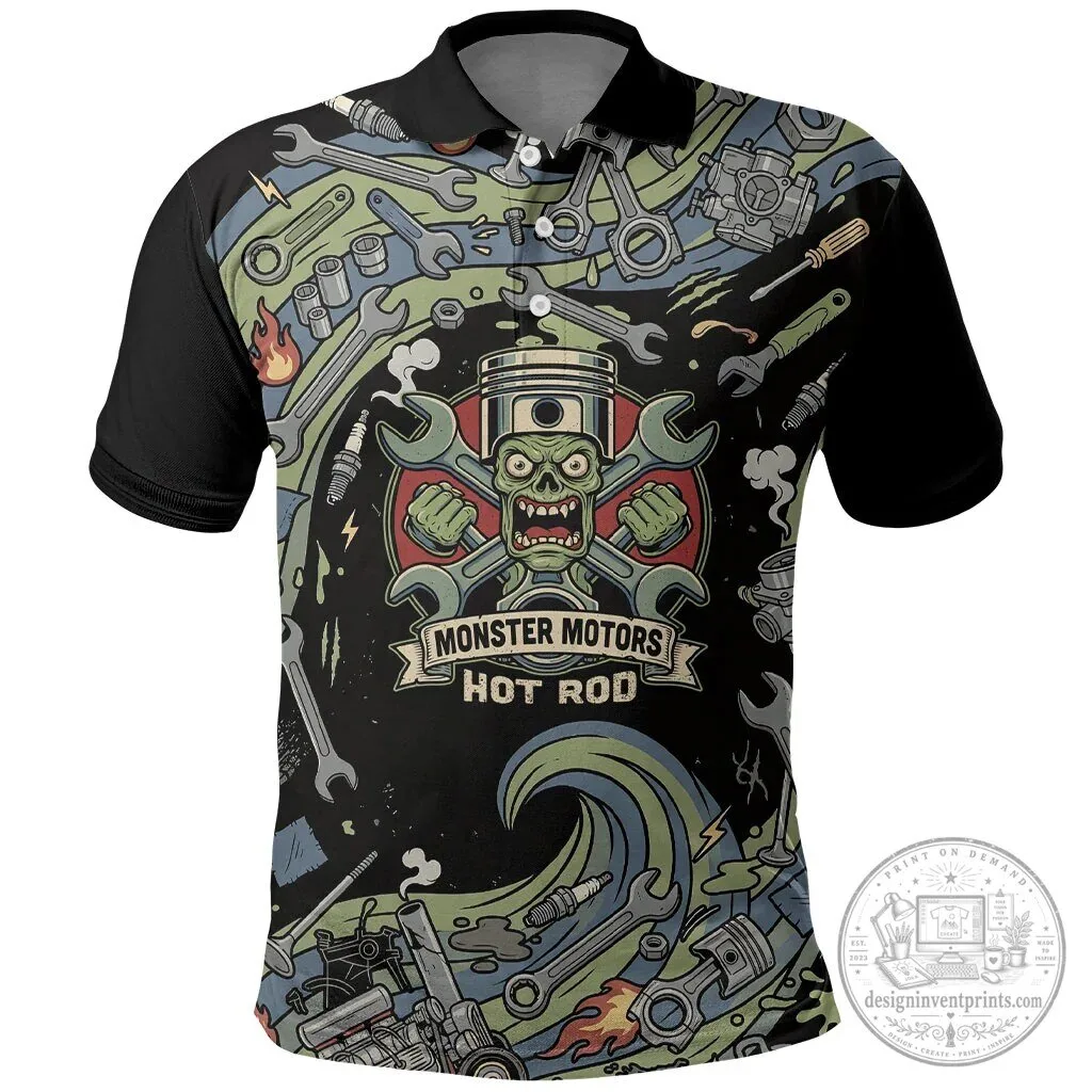 Monster Motors Hot Rod Mechanic Zombie Skull Tools Polo Shirt 22 Monster Motors Hot Rod Mechanic Zombie Skull Tools Polo Shirt