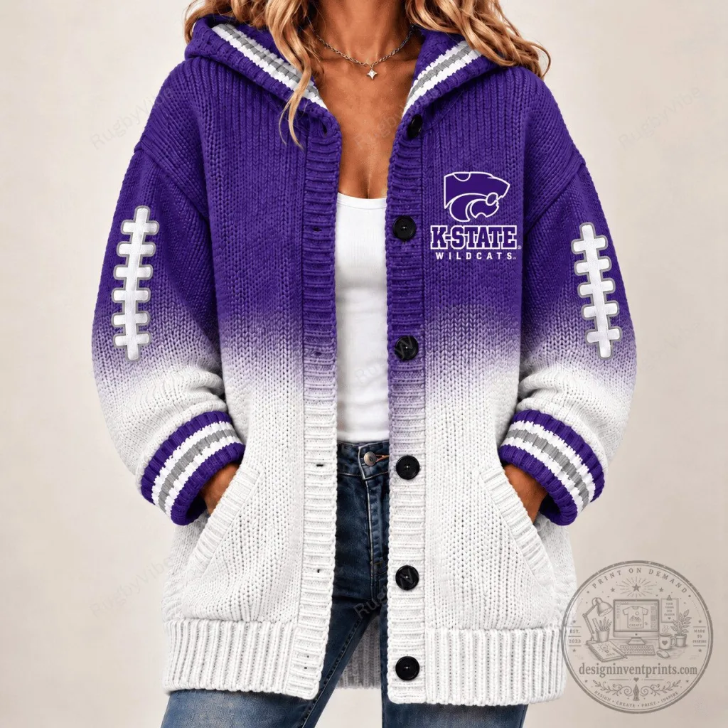 Kansas State Wildcats Football Ombre Purple White Knit Button Up Hoodie Kansas State Wildcats Football Ombre Purple White Knit Button Up Hoodie
