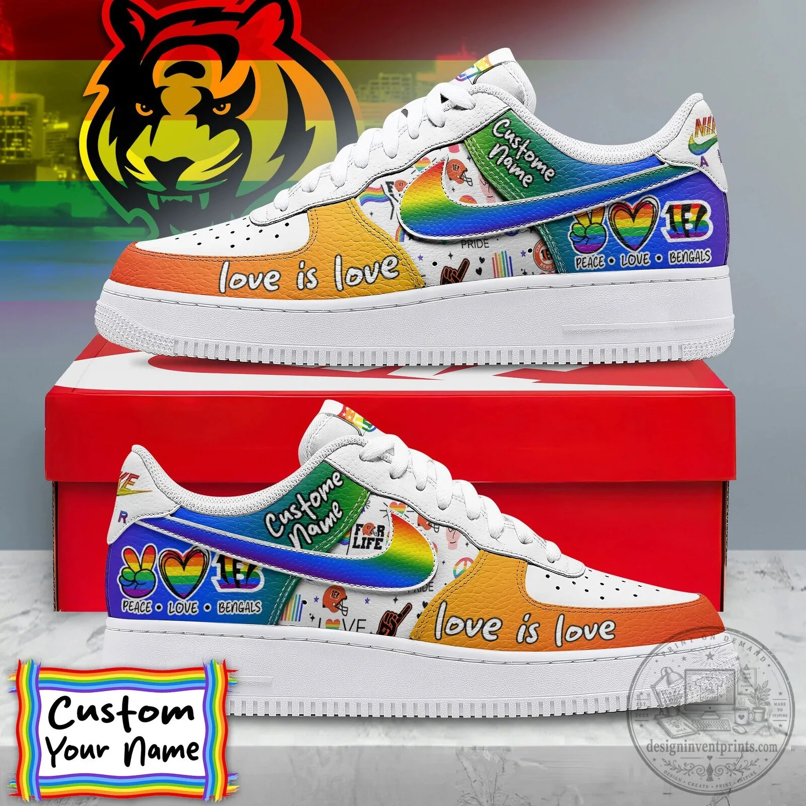 Cincinnati Bengals Pride Custom Name White Sneakers - Love Is Love Edition Shoes