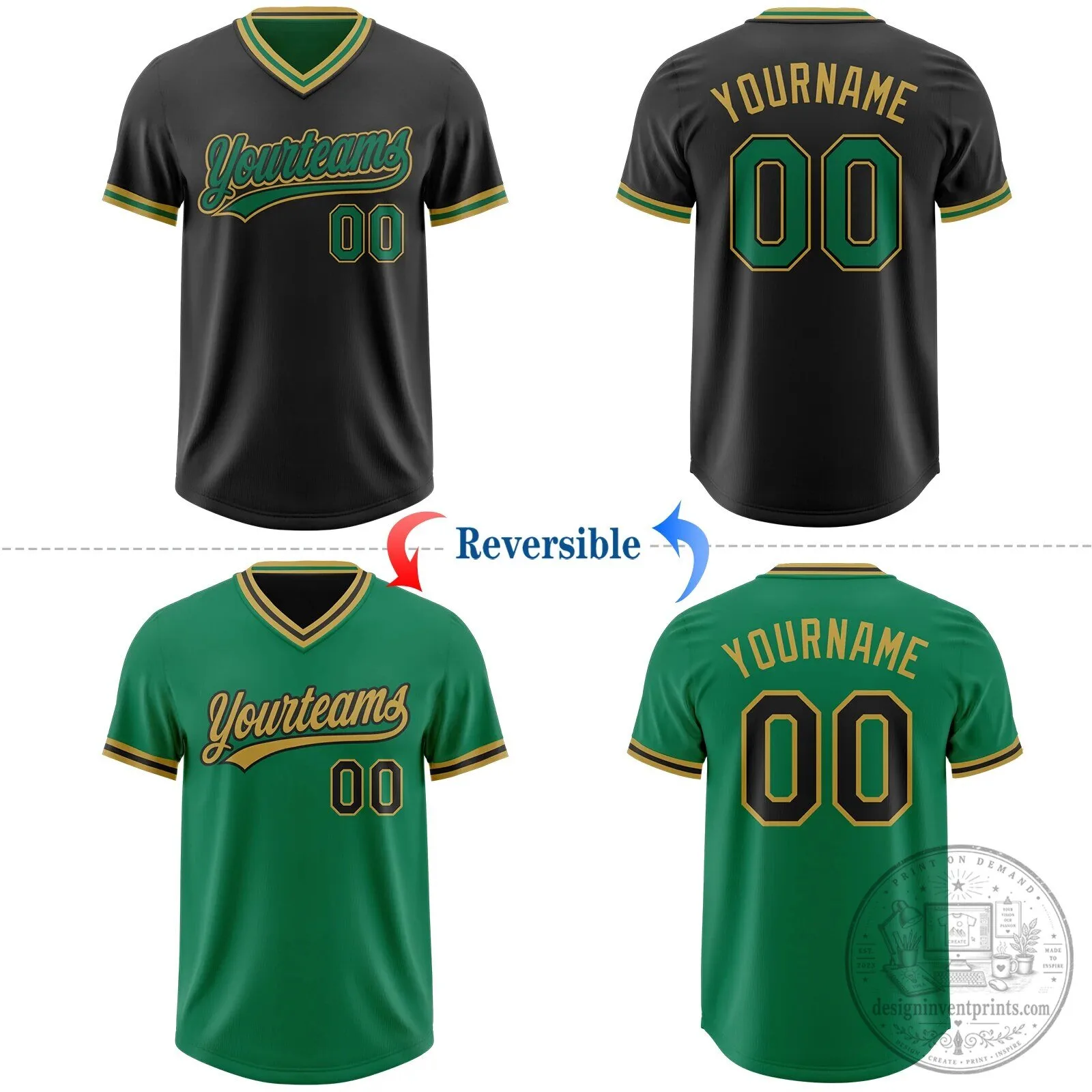 Custom Black Kelly Green Old Gold Reversible Pullover Baseball Jersey Shirt 10 Custom Black Kelly Green Old Gold Reversible Pullover Baseball Jersey Shirt