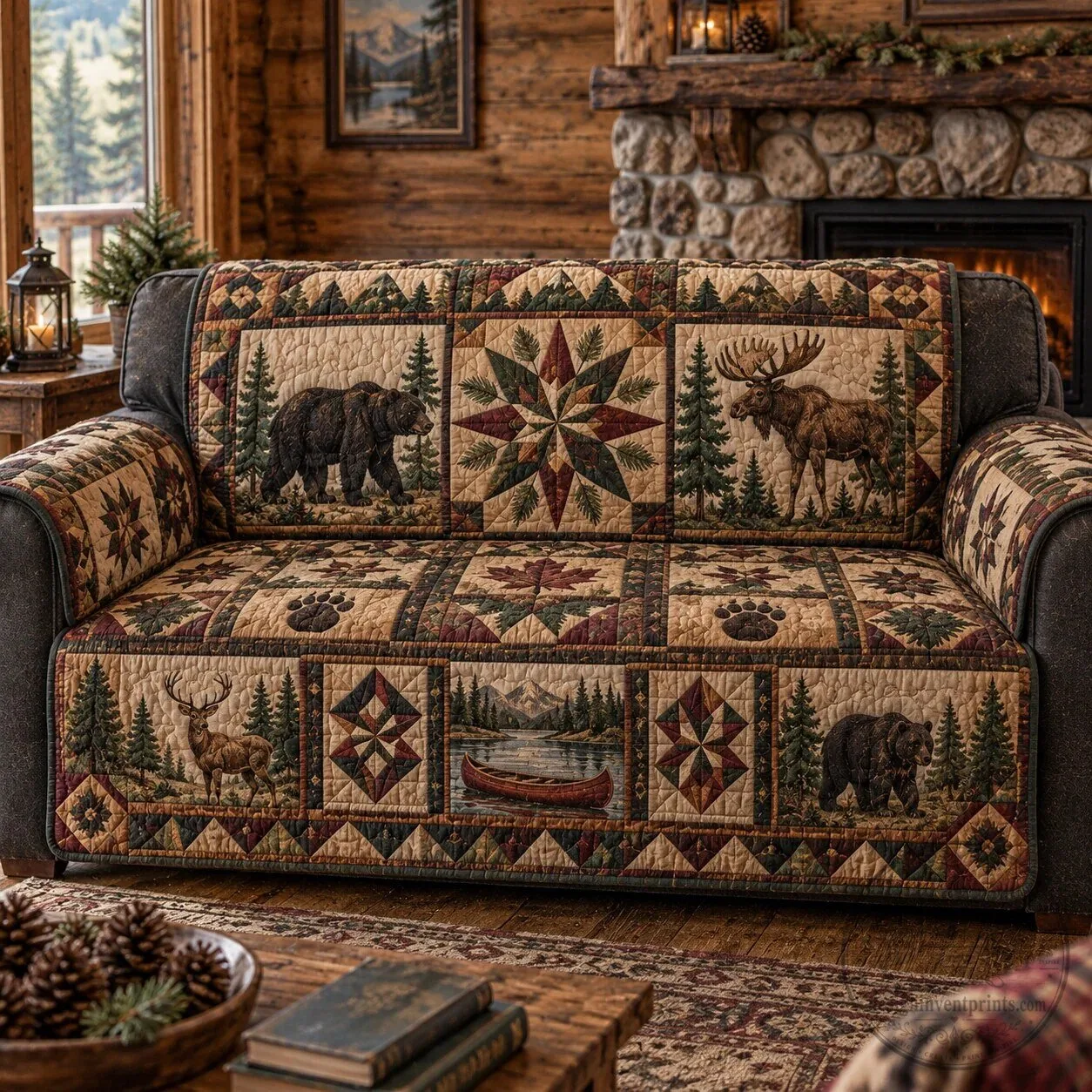 Rustic Woodland Charm Quilted Sofa Cover with Bear Moose Deer Canoe Design 11 Rustic Woodland Charm Quilted Sofa Cover with Bear Moose Deer Canoe Design