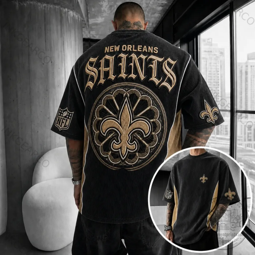 New Orleans Saints NFL Fleur de Lis Black and Gold Oversized T-Shirt New Orleans Saints NFL Fleur de Lis Black and Gold Oversized T-Shirt