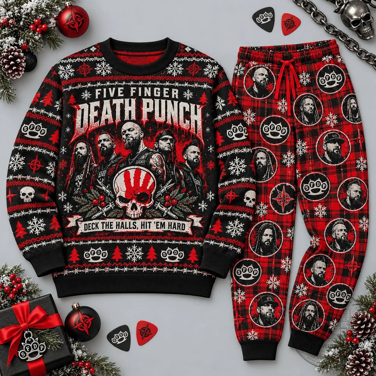 Five Finger Death Punch Deck The Halls Hit Em Hard Christmas Sweater