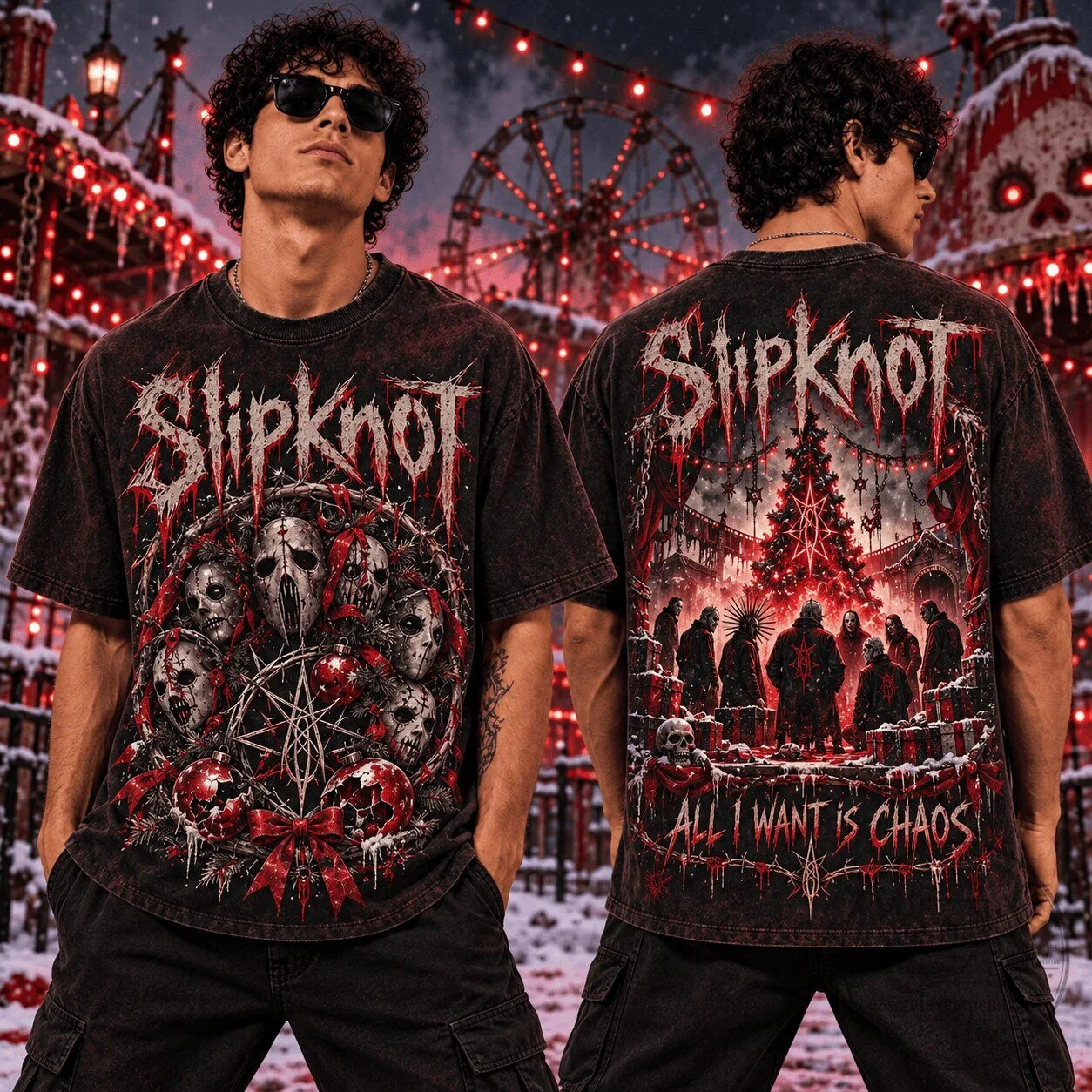 Slipknot Christmas Horror Masks Dark Carnival Christmas Tree All I Want Is Chaos T-Shirt 1 Slipknot Christmas Horror Masks Dark Carnival Christmas Tree All I Want Is Chaos T-Shirt