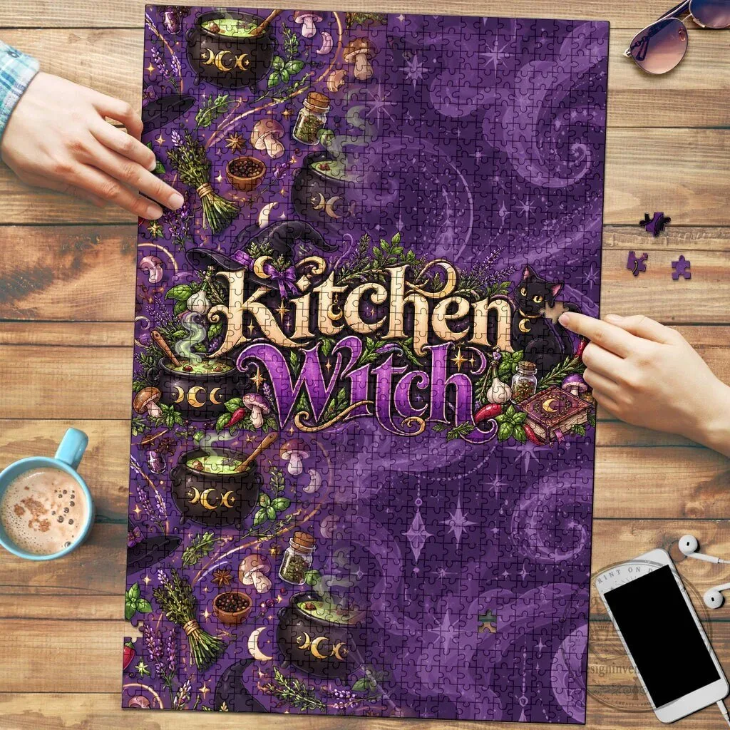 Kitchen Witch Mystical Magic Herbs Cauldron and Black Cat Jigsaw Puzzle