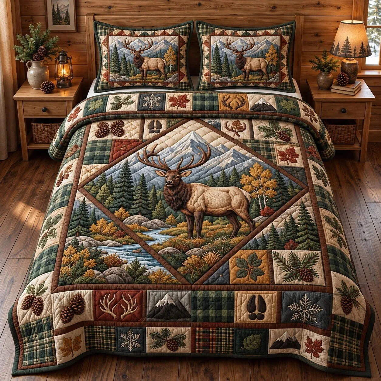 Rustic Deer Elk Mountain Forest Quilted Bedding Set