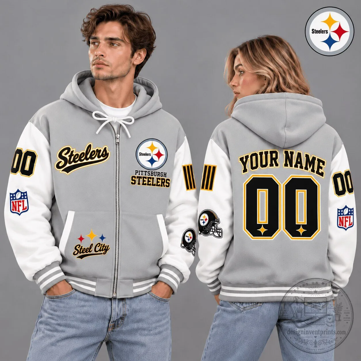 Pittsburgh Steelers NFL Vintage Varsity Gray Custom Name Number Full-Zip Hoodie