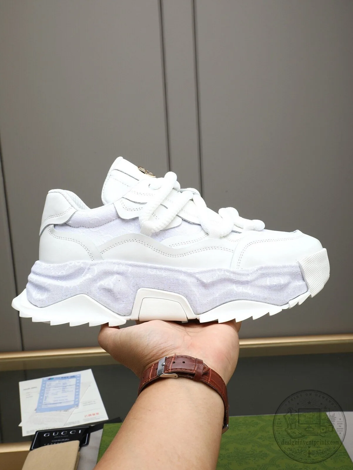Gucci White Leather Chunky Platform Sole Fashion Sneakers