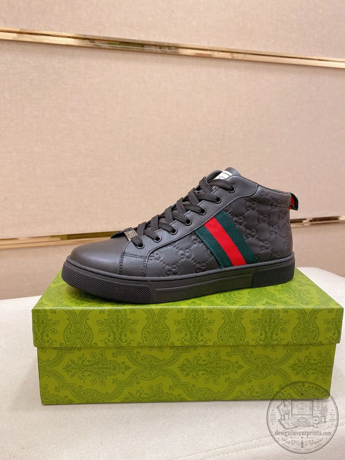 Gucci Monogrammed Leather High Top Sneakers with Red and Green Stripe
