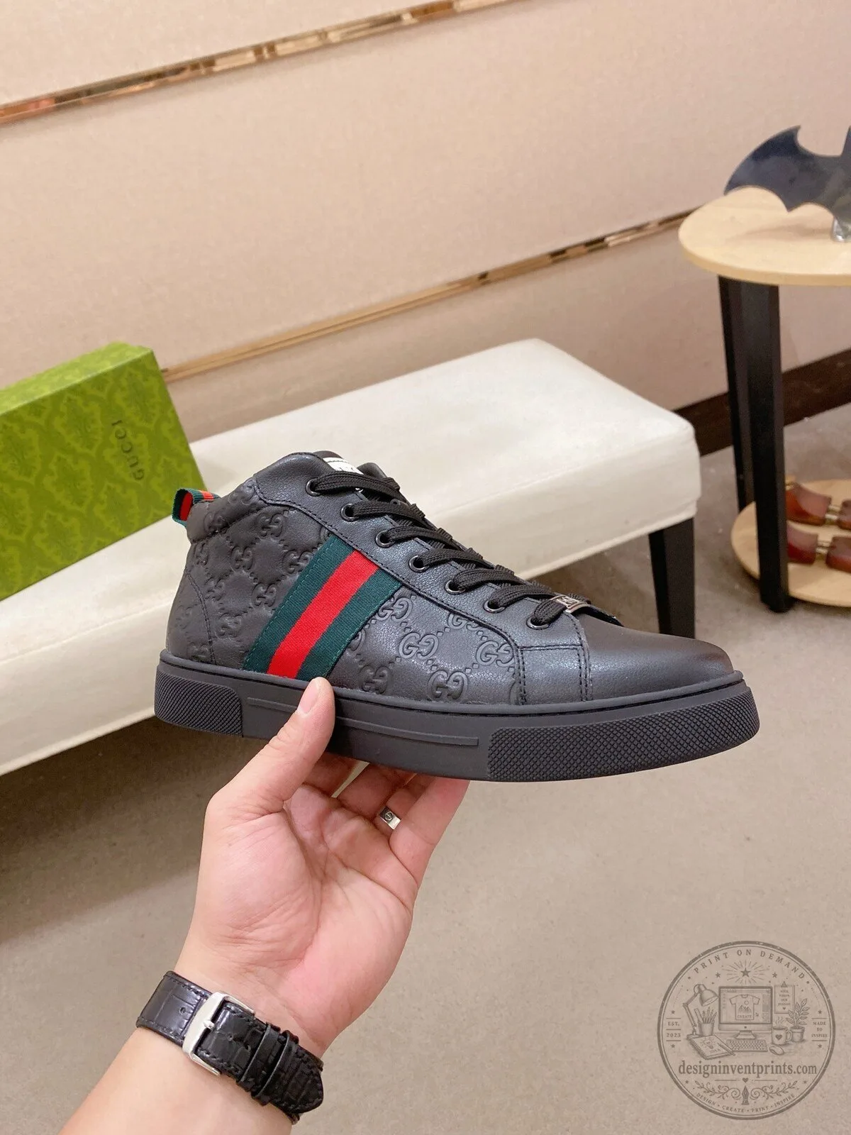 Gucci Monogrammed Leather High Top Sneakers with Red and Green Stripe 8 Gucci Monogrammed Leather High Top Sneakers with Red and Green Stripe