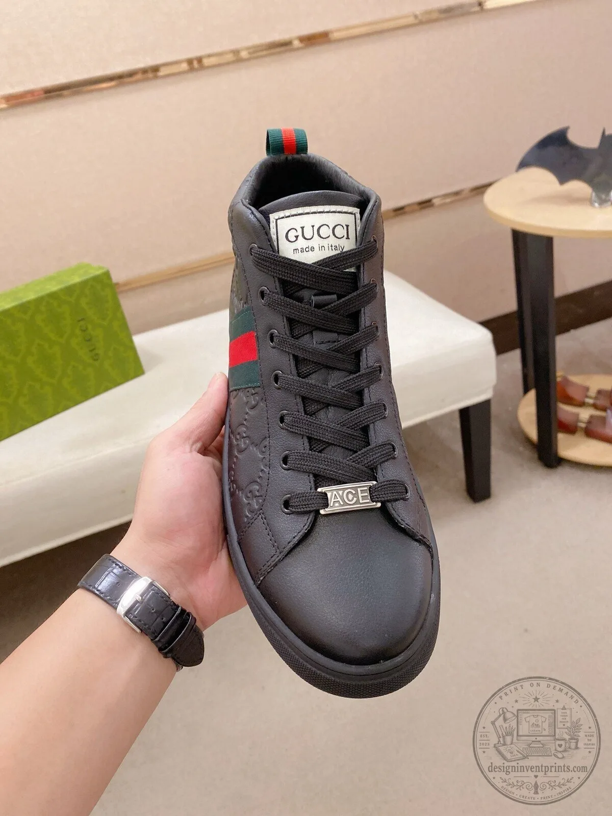 Gucci Monogrammed Leather High Top Sneakers with Red and Green Stripe 9 Gucci Monogrammed Leather High Top Sneakers with Red and Green Stripe