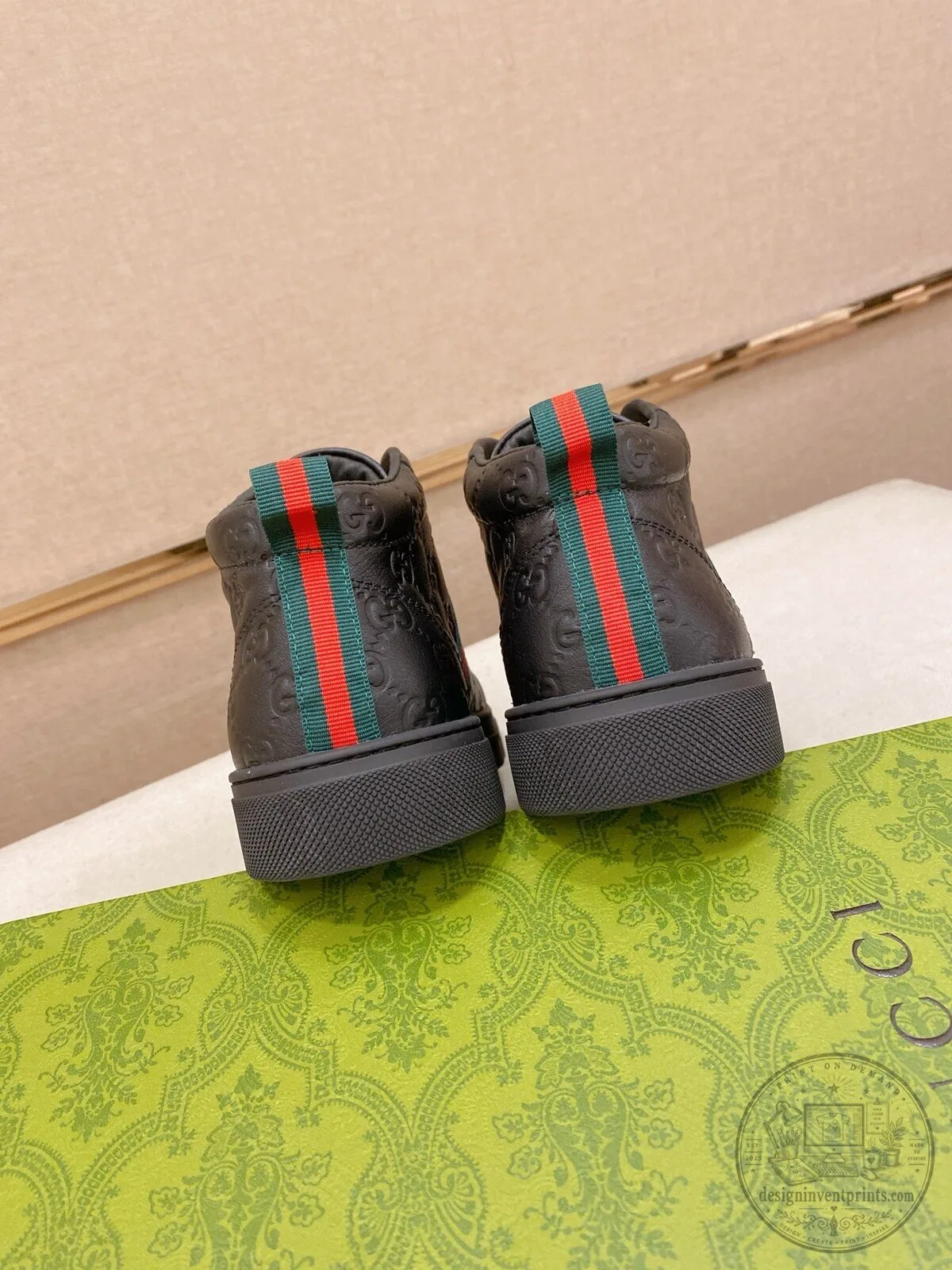 Gucci Monogrammed Leather High Top Sneakers with Red and Green Stripe 10 Gucci Monogrammed Leather High Top Sneakers with Red and Green Stripe